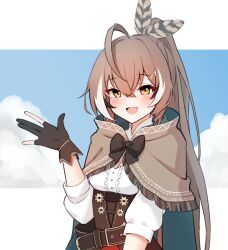 Rule 34 | 1girl, :d, absurdres, ahoge, bakedmonogamy, belt, blue sky, blush, brown capelet, brown cloak, brown corset, capelet, cleavage cutout, cloak, clothing cutout, cloud, corset, feather hair ornament, feathers, hair ornament, hairclip, half-closed eyes, hieroglyphics, highres, hololive, hololive english, long hair, looking at viewer, multicolored hair, nanashi mumei, nanashi mumei (1st costume), open mouth, ponytail, ribbon, shirt, sky, smile, streaked hair, upper body, very long hair, virtual youtuber, waving, white shirt