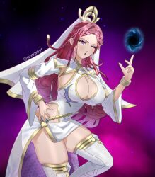 1girl artist_name breasts cleavage fire_emblem fire_emblem_heroes highres large_breasts loki_(fire_emblem) loki_(trickster_god)_(fire_emblem) long_hair nail_polish nintendo novasvr official_alternate_costume purple_eyes purple_hair purple_nails skindentation solo very_long_hair