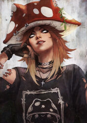 1girl absurdres black_choker black_nails choker commentary cross cross_necklace english_commentary fingerless_gloves freckles gloves highres jewelry monori_rogue mushroom mushroom_hat necklace no_pupils original solo