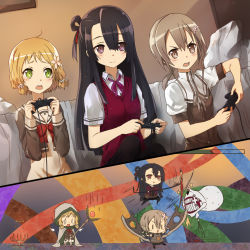 0_0 3girls ^^^ absurdres armor axe bare_tree bed beige_dress black_hair black_legwear black_skirt blonde_hair blush brown_eyes brown_hair chibi closed_mouth collared_shirt commentary controller dual_wielding dutch_angle flask flower game_controller green_eyes hair_between_eyes hair_flower hair_ornament halo health_bar highres holding holding_axe holding_weapon indoors inubouzaki_itsuki itaro jumping koori_chikage long_hair long_sleeves low_ponytail minowa_gin monster motion_lines multiple_girls neck_ribbon nogi_wakaba_wa_yuusha_de_aru one_side_up pantyhose pillow pink_ribbon playing_games pleated_skirt ponytail puffy_short_sleeves puffy_sleeves ribbon round-bottom_flask school_uniform scythe serafuku shinju_(yuyuyu) shirt short_hair short_sleeves sitting skirt smile smirk sparkle staff standing standing_on_one_leg sweater_vest tree trembling turtleneck v-shaped_eyebrows very_long_hair vest washio_sumi_wa_yuusha_de_aru weapon white_shirt white_wings wing_collar wings yuuki_yuuna_wa_yuusha_de_aru yuusha_de_aru |_| ||_||