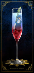 1girl air_bubble berry black_background blue_shoes blue_skirt border bubble champagne_flute collared_shirt commentary_request cup drink drinking_glass english_text food frilled_shirt frills fruit fukurai_azami full_body highres in_container in_cup knees_up long_sleeves looking_at_viewer mini_person minigirl motoiwork pantyhose plant raspberry shirt shoes short_hair sitting skirt solo submerged toshi_densetsu_kaitai_center water white_pantyhose white_shirt
