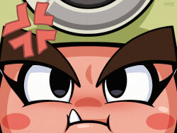 1girl anger_vein angry black_eyes blush_stickers close-up commentary english_commentary fang goombella helmet linker looking_at_viewer mario_(series) mining_helmet nintendo paper_mario paper_mario:_the_thousand-year_door pout solo straight-on v-shaped_eyebrows
