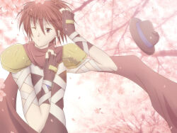 Rule 34 | 1boy, adjusting scarf, assassin (ragnarok online), bandages over clothes, branch, brown gloves, brown hat, brown shirt, cherry blossoms, closed mouth, commentary request, expressionless, fedora, fingerless gloves, gloves, hair between eyes, hand on own head, hat, hat loss, looking at viewer, male focus, petals, ragnarok online, red eyes, red hair, red scarf, scarf, sharari, shirt, short hair, sleeveless, sleeveless shirt, solo, tree, upper body