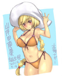 1girl bikini blonde_hair braid breasts cleavage commentary_request dated front-tie_bikini_top front-tie_top hat kishida_nami large_breasts long_hair nagy orange_bikini orange_eyes ring_dream side-tie_bikini_bottom single_braid smile solo swimsuit translation_request very_long_hair white_hat