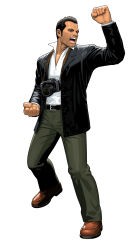 1boy absurdres belt camera capcom clenched_hands dead_rising dead_rising_1 frank_west highres male_focus mori_toshiaki official_art open_mouth raised_fist solo tatsunoko_vs_capcom