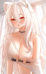 1girl absurdres ahoge animal_ears black_collar blush breasts cleavage collar fang grey_eyes grey_hair highres hololive large_breasts lion_ears lion_girl lion_tail long_hair looking_at_viewer naked_shirt official_alternate_costume open_mouth ruo1001 shirt shishiro_botan shishiro_botan_(casual) solo tail very_long_hair virtual_youtuber white_shirt