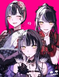 1girl absurdres black_arm_warmers black_choker black_corset black_dress black_hair black_kimono black_nails black_ribbon breasts choker cleavage coat corset dress floral_print floral_print_kimono flower fur-trimmed_coat fur_trim gloves grey_hair hair_flower hair_ornament hair_ribbon highres hololive hololive_english japanese_clothes jewelry kimono lace lace_gloves large_breasts long_hair looking_at_viewer multicolored_hair multiple_views necklace nurufufufu official_alternate_costume official_alternate_hairstyle one_eye_closed open_mouth pink_background ponytail print_kimono purple_coat red_dress ribbon ring shiori_novella shiori_novella_(1st_costume) shiori_novella_(casual) shiori_novella_(new_year) simple_background split-color_hair striped_arm_warmers two-tone_hair two-tone_kimono virtual_youtuber white_kimono yellow_eyes