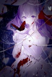 1girl blood blood_on_clothes bug butterfly commentary_request dark dress fate/stay_night fate_(series) hair_ribbon heaven&#039;s_feel insect long_hair matou_sakura purple_eyes purple_hair red_butterfly red_ribbon ribbon solo thread user_cekp8748 white_dress