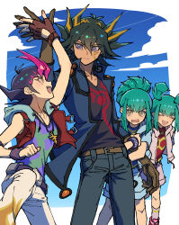 1girl 3boys black_hair black_shirt blonde_hair blue_jacket blue_pants blue_shirt blue_shorts brown_gloves cowboy_shot denim facial_mark fingerless_gloves fudo_yusei gloves green_hair high_five high_ponytail highres in-franchise_crossover jacket jewelry lua_(yu-gi-oh!) luca_(yu-gi-oh!) medium_hair multicolored_hair multiple_boys open_clothes open_jacket pants pendant pink_jacket pink_shorts ponytail purple_eyes purple_shirt red_hair red_shirt red_vest shirt shorts spiked_hair streaked_hair tsukumo_yuma two-tone_hair vest youko-shima yu-gi-oh! yu-gi-oh!_5d&#039;s yu-gi-oh!_zexal