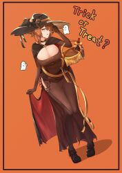 1girl absurdres basket belt belt_collar black_cape black_footwear black_hat black_thighhighs bottle bow breasts brown_dress candy cape cape_hold cleavage collar commentary dress english_commentary food ghost girls&#039;_frontline green_eyes hair_between_eyes halloween halloween_costume hat hat_bow highres holding holding_candy holding_food knees_together_feet_apart large_breasts mabelbot multiple_belts official_alternate_costume orange_background orange_hair shoes simple_background springfield_(classic_witch)_(girls&#039;_frontline) springfield_(girls&#039;_frontline) standing thighhighs tongue tongue_out trick_or_treat witch_hat
