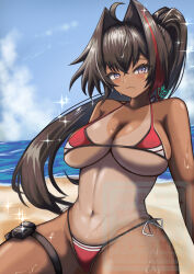 Rule 34 | 1girl, absurdres, ahoge, bay (nikke), bikini, black hair, blue sky, blush, breasts, cleavage, collarbone, commentary request, crossed bangs, dark-skinned female, dark skin, fang, goddess of victory: nikke, gradient eyes, hair between eyes, hair intakes, highres, hithuji yume, large breasts, linea alba, long hair, looking at viewer, micro bikini, mole, mole under mouth, multicolored eyes, multicolored hair, navel, outdoors, ponytail, pouch, red bikini, red hair, side-tie bikini bottom, sitting, skin fang, sky, solo, star sticker, sticker on face, stomach, streaked hair, sweat, swimsuit, tan, tanline, thick thighs, thigh pouch, thigh strap, thighs, toned, toned female, underboob, very long hair, water, watermark