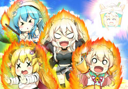 Rule 34 | &gt; &lt;, 5girls, ahoge, animal ear piercing, animal ears, asymmetrical legwear, black jacket, blank eyes, blonde hair, blue hair, bow, braid, breasts, bun cover, cloud, commentary request, crown braid, detached sleeves, double bun, fire, flower, fur-trimmed jacket, fur trim, grey hair, hair bow, hair bun, hair flower, hair ornament, hat, heart, heart ahoge, highleg, highleg panties, hololive, horns, jacket, large breasts, lion ears, lion girl, makishima rin, midriff, miniskirt, momosuzu nene, multiple girls, navel, nepolabo, o o, omaru polka, outstretched arms, panties, pointy ears, see-through cleavage, see-through clothes, sheep ears, sheep girl, sheep horns, shishiro botan, side braid, skirt, sun, tsunomaki watame, underwear, virtual youtuber, white hat, x x, yukihana lamy