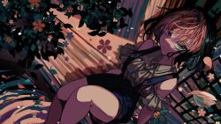 amplui black_overalls detached_sleeves green_eyes highres leaf looking_at_viewer osu! overalls pink_hair pippi_(osu!) sitting spring_(season)