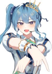 Rule 34 | 1girl, absurdres, bibbidiba (hololive), blue eyes, blue hair, blush, collared shirt, commentary request, earrings, green brooch, highres, hololive, hololive idol uniform (bright), hoshimachi suisei, jewelry, long hair, looking at viewer, microphone, official alternate costume, open mouth, outstretched arms, outstretched crossed arms, shirt, side ponytail, simple background, solo, star-shaped pupils, star (symbol), star earrings, symbol-shaped pupils, tsukuno tsuki, upper body, virtual youtuber, white background, white shirt, white wrist cuffs, wrist cuffs