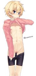 1girl abs bar_censor bike_shorts black_shorts blonde_hair blue_eyes blush censored clothes_lift clothes_pull commentary_request flat_chest hair_between_eyes hood hood_down hoodie iris_(ryou@ryou) lifting_own_clothes long_sleeves navel nipples original pink_hoodie pussy ryou@ryou short_hair shorts shorts_pull simple_background sleeves_past_wrists solo sweatdrop thick_eyebrows toned toned_female torso_flash twitter_username white_background