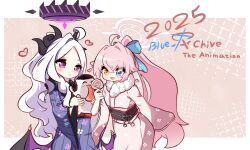 Rule 34 | 1boy, 2025, 2girls, absurdres, ahoge, black halo, blue archive, breasts, candy, demon girl, demon horns, demon wings, doodle sensei (blue archive), food, furisode, halo, happy new year, heart, heterochromia, highres, hina (blue archive), holding, holding candy, holding food, horns, hoshino (blue archive), inkyubeiteo, japanese clothes, kimono, long hair, multiple girls, new year, pink hair, pink halo, purple eyes, sensei (blue archive), small breasts, standing, white hair, wings