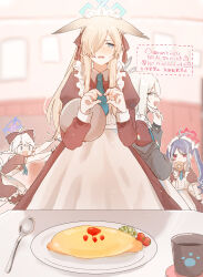 4girls :d absurdres ahoge alternate_costume animal_ear_fluff animal_ears antenna_hair apron artist_name black_bow black_dress blonde_hair blue_archive blue_halo blue_necktie blurry blurry_background blush blush_stickers bow braid braided_ponytail commentary_request cowboy_shot dog_ears dog_girl donut dress embarrassed enmaided fangs film_grain floppy_ears flying_sweatdrops food four-finger_heart_hands frilled_apron frills fubuki_(blue_archive) grey_eyes grey_hair hair_bow hair_over_one_eye halo hands_up heart heart_hands highres holding holding_donut holding_food holding_tray indoors jitome juliet_sleeves kanna_(blue_archive) kirino_(blue_archive) konoka_(blue_archive) kuritiizu long_hair long_sleeves looking_at_viewer maid maid_apron maid_day maid_headdress multiple_girls necktie nose_blush omelet omurice one_eye_covered open_mouth pov profile puffy_sleeves red_eyes sidelocks smile solo_focus spoon straight_hair tray twintails v-shaped_eyebrows white_apron white_bow white_hair