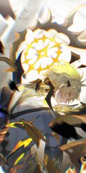 Rule 34 | 1923rash, 1boy, absurdres, alternate form, asymmetrical wings, black shirt, black wings, blonde hair, commentary, cracked skin, from behind, hair between eyes, halo, halo behind head, highres, honkai: star rail, honkai (series), male focus, material growth, phainon (honkai: star rail), shirt, short hair, solo, torn clothes, torn shirt, wings, yellow blood, yellow eyes, yellow wings