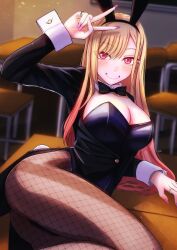 Rule 34 | 1girl, absurdres, animal ears, black jacket, black leotard, blonde hair, blush, breasts, classroom, cleavage, fake animal ears, fake tail, fishnet pantyhose, fishnets, gyaru, highres, jacket, kitagawa marin, large breasts, leotard, long hair, pantyhose, parted lips, pink nails, playboy bunny, rabbit ears, rabbit tail, red eyes, shiina aono, smile, solo, sono bisque doll wa koi wo suru, tail, v