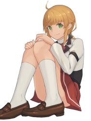 Rule 34 | 1girl, ahoge, black corset, blonde hair, brown footwear, closed mouth, corset, eyebrows hidden by hair, flat chest, full body, green eyes, hand on own knee, highres, jacket, kurogoma183, long hair, looking at viewer, mushoku tensei, norn greyrat, ponytail, ranoa magic academy school uniform, red skirt, school uniform, simple background, sitting, skirt, smile, socks, solo, white background, white jacket, white socks