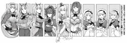 Rule 34 | 6+girls, ark royal (kancolle), bare shoulders, bob cut, breasts, cleavage, closed mouth, crossed arms, crown, dress, fingerless gloves, flower, gloves, greyscale, grin, hair between eyes, hand on own hip, hat, headgear, highres, jacket, janus (kancolle), javelin (kancolle), jervis (kancolle), jewelry, kantai collection, large breasts, long hair, long sleeves, looking at viewer, medium breasts, milestone celebration, mini crown, monochrome, multiple girls, necklace, nelson (kancolle), off-shoulder dress, off shoulder, open mouth, ponytail, rodney (kancolle), rose, sailor dress, sheffield (kancolle), short hair, short sleeves, signature, skirt, small breasts, smile, tiara, very long hair, victorious (kancolle), warspite (kancolle), yamada rei (rou)