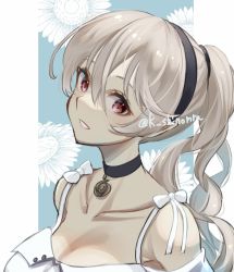 1girl alternate_costume alternate_hairstyle black_choker black_hairband breasts choker cleavage collarbone corrin_(female)_(fire_emblem) corrin_(fire_emblem) dress fire_emblem fire_emblem_fates grey_hair hair_between_eyes hairband highres karashino large_breasts lips long_hair looking_at_viewer nintendo pink_lips pointy_ears ponytail portrait red_eyes slit_pupils smile solo twitter_username white_dress