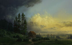 Rule 34 | absurdres, blue sky, building, bush, cloud, cloudy sky, commentary, dark clouds, english commentary, evening, forest, gradient sky, highres, house, krita (medium), landscape, nature, no humans, original, outdoors, path, philipp urlich, pine tree, road, scenery, signature, sky, sunlight, tree, yellow sky
