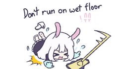 Rule 34 | !, &gt; &lt;, 1girl, animal ears, black dress, chibi, chibikki, closed eyes, commentary, d:, double-parted hair, dress, english commentary, english text, fallen down, flying teardrops, gloves, long hair, lying, moon rabbit, mop, motion lines, on stomach, open mouth, original, rabbit ears, rabbit girl, rubber gloves, simple background, slippers, solo, t t, tears, white background, white hair