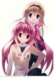 2girls absurdres arms_around_neck black_headband blush bow bowtie brown_hair brown_jacket chaos;head checkered_bow checkered_bowtie checkered_clothes collared_shirt frilled_skirt frills hair_between_eyes hair_bow headband highres hug hug_from_behind jacket long_hair looking_at_viewer mouse_(5zzb) multiple_girls nishijou_nanami non-web_source official_art open_mouth petticoat pink_bow pink_hair plaid_bow plaid_bowtie plaid_clothes plaid_skirt purple_eyes red_eyes retro_artstyle sakihata_rimi sasaki_mutsumi scan school_emblem school_uniform shirt side_ponytail simple_background skirt smile suimei_school_uniform thighhighs thighs white_background white_petticoat white_shirt