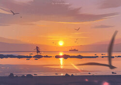 1girl artist_name bird boat cloud dress horizon huhv. long_hair ocean orange_sky original outdoors rock scenery silhouette sky solo standing sun sunset water watercraft watermark web_address