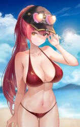1girl absurdres bare_shoulders bikini black_hat breasts cleavage hat heterochromia highres hololive houshou_marine houshou_marine_(summer) large_breasts long_hair looking_at_viewer outdoors ponytail raurashun red_eyes red_hair smile solo swimsuit virtual_youtuber yellow_eyes