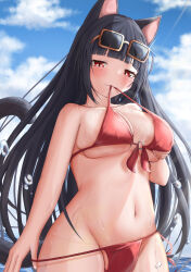 1girl animal_ears bikini black_hair blue_sky blunt_bangs blush breasts cat_ears cat_tail cloud day eyewear_on_head groin highres large_breasts long_hair looking_at_viewer maimai_(game) mouth_hold navel o-ring outdoors red_bikini red_eyes shama_(maimai) sky smile solo sunglasses swimsuit tail wet yumeutsutsu_(hxec3588)