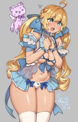 agawa_ryou ahoge artist_name bare_shoulders blonde_hair blue_bow blue_bra blue_skirt blush bow bra breasts cleavage cowboy_shot creature curly_hair dated detached_sleeves floating frilled_cuffs frilled_sleeves frills green_eyes grey_background hair_bow hands_on_own_chest large_bow large_breasts leaning_forward legs_together long_hair low_twintails miniskirt navel open_mouth original panties puffy_short_sleeves puffy_sleeves raised_eyebrows see-through_clothes short_sleeves signature simple_background skirt standing striped_bra striped_clothes tearing_up teeth thighhighs twintails underwear upper_teeth_only vertical-striped_bra vertical-striped_clothes white_panties white_thighhighs wrist_cuffs