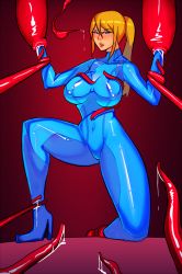 bodysuit breasts covered_navel covered_erect_nipples highres imminent_rape metroid nintendo samus_aran skin_tight tagme tentacles zero_suit zxc