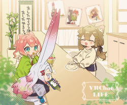 3girls :d ^_^ ahoge animal_ear_fluff animal_ears black_ribbon black_shorts blue_eyes blush bright_pupils brown_hair clara_(vrchat) closed_eyes comically_large_ears commentary_request copyright_name cup detached_ahoge dog_ears dog_girl fangs food fox_ears fox_girl gradient_hair green_sweater grey_eyes grey_shirt hair_ornament hair_ribbon hairclip highres holding holding_spoon indoors long_hair long_sleeves mamehinata miminoko_(vrchat) multicolored_hair multiple_girls notamaru_2 open_mouth pointy_ears red_hair ribbon saucer shirt shorts skin_fangs smile spoon sweater translation_request twitter_username two-tone_hair very_long_ears vrchat white_pupils