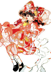 1girl black_hair black_shoes bow dress full_body hair_bow hakurei_reimu highres long_hair looking_at_viewer mary_janes red_bow red_dress shoes simple_background socks solo touhou tsukamoto_anabone white_background