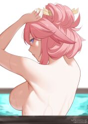 1girl absurdres adjusting_hair alternate_hairstyle arms_up bathing breasts closed_mouth commentary eyelashes genshin_impact hair_bun highres lips looking_at_viewer looking_back medium_hair pink_hair purple_eyes rxviph sideboob simple_background smile solo symbol-only_commentary topless_female twitter_username upper_body vgen_username wet white_background yae_miko