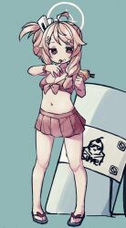 1girl absurdres ahoge asymmetrical_hair bikini bikini_skirt blue_archive blue_background breasts cleavage crepe flip-flops food full_body hair_bun hair_flaps hair_ornament hairclip halo hand_up highres holding holding_crepe holding_food icing icing_on_face licking long_hair looking_at_viewer mikaku_(vbvpahw9) natsu_(blue_archive) pink_hair planted_shield red_bikini red_eyes riot_shield sandals shield simple_background single_side_bun small_breasts solo standing swept_bangs swimsuit tongue tongue_out