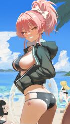 Rule 34 | 3girls, absurdres, beach, bikini, black bikini, black hoodie, blue sky, blush, bow, breasts, cloud, cloudy sky, commentary, day, earrings, grin, hair between eyes, hair bow, hand in pocket, heart, heart earrings, high ponytail, highres, hood, hoodie, idolmaster, idolmaster cinderella girls, jewelry, jougasaki mika, jougasaki rika, large breasts, long hair, long sleeves, looking at viewer, looking back, multiple girls, ocean, outdoors, palm tree, pink hair, ponytail, sand, sky, smile, solo focus, star tattoo, swimsuit, tattoo, thighs, tomber, tree, white bow, white innertube, yellow eyes