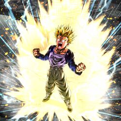 Rule 34 | 1boy, anger, angry, aura, crying, dragon ball, dragon ball legends, lightning, official art, screaming, solo, super saiyan, trunks (dragon ball), trunks (future) (dragon ball)