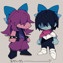 1girl 1other blue_ribbon blue_skin bracelet chibi chibi_only colored_skin commentary_request deltarune full_body furry furry_female grey_background hair_over_eyes hair_ribbon highres jewelry kris_(dark_world)_(deltarune) kris_(deltarune) nikorashi-ka pink_skin purple_skin reptile_girl ribbon spiked_bracelet spikes susie_(dark_world)_(deltarune) susie_(deltarune) translation_request