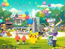1boy 4girls balloon bench bidoof black_socks blouse blue_sky blush_stickers building bulbasaur car cloud commentary_request creatures_(company) cup day disposable_cup eating eyewear_on_headwear flower flying food_truck fountain game_freak gen_1_pokemon gen_2_pokemon gen_4_pokemon gen_7_pokemon gen_8_pokemon gentleman_(pokemon) grass hair_between_eyes hair_bun hair_flower hair_ornament hat hat_flower holding holding_cup hoppip jumpluff kneehighs kneeling lamppost lass_(pokemon) legs_together motor_vehicle multiple_girls munchlax nintendo official_art on_bench outdoors pale_skin park park_bench pikachu pink_shirt pleated_skirt poke_ball_symbol pokemon pokemon_(creature) pokemon_oras pokemon_sm purple_skirt railing red_flower rowlet selfie shirt short_hair sightseer_(pokemon) single_hair_bun sitting skiploom skirt sky smeargle socks standing statue steven_stone straw_hat sunlight tree truck twins_(pokemon) water yamper yellow_flower