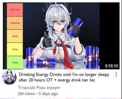 1girl absurdres bags_under_eyes black_gloves black_horns brand_name_imitation breasts button_gap can collared_shirt commentary corrupted_twitter_file curled_horns drink_can english_text gloves hair_between_eyes highres holding holding_can horns large_breasts looking_at_viewer manjo_(warito) medium_hair multicolored_hair necktie red_bull red_eyes red_necktie reflective_surface shirt solo streaked_hair thumbs_up tier_list undone_necktie white_hair white_shirt wuthering_waves youtube zani_(wuthering_waves)