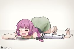 1girl absurdres alcohol ass black_bow black_nails blunt_bangs bocchi_the_rock! bow braid breasts closed_eyes dress drunk geta green_dress hair_bow highres hiroi_kikuri holding_carton jacket light_blush long_hair open_clothes open_jacket purple_hair sake sharp_teeth signature single_braid small_breasts smile teeth top-down_bottom-up upper_teeth_only zambonito