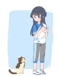 Rule 34 | 1girl, animal, animal collar, animalization, bell, black hair, blue background, blue eyes, border, bottle, brown eyes, brown hair, cat, collar, commentary request, full body, grey pants, half updo, highres, holding, holding bottle, hutaba, idolmaster, idolmaster million live!, idolmaster million live! theater days, kitazawa shiho, lesson wear (idolmaster million live!), long hair, looking down, mogami shizuka, neck bell, outside border, pants, shirt, shoes, short sleeves, sneakers, standing, t-shirt, white border, white shoes