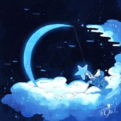 1other absurdres artist_name astronaut backpack bag bow_(weapon) cloud commentary drawing_bow fish flying_fish gloves glowing helmet highres holding holding_bow_(weapon) holding_star holding_weapon kazunoko_(kazunoko_zunoco) leaning_back on_cloud original other_focus signature solo space space_helmet spacesuit standing star_(sky) star_(symbol) weapon white_gloves