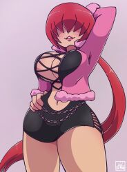 1girl arm_up breasts cleavage cleavage_cutout clothing_cutout curvy dress fishnets fluffy hand_on_own_hip jacket large_breasts long_hair no_bra pale_skin ponytail red_hair shermie_(kof) skirt smile standing the_king_of_fighters thick_thighs thighs twintails very_long_hair welthemente wide_hips