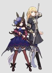 Rule 34 | 2girls, bare shoulders, black boots, black jacket, black shoes, black skirt, blonde hair, blue dress, blue hat, blue pantyhose, boots, breasts, brown hair, brown thighhighs, closed mouth, crossover, dagger, dress, fighting stance, fire emblem, fire emblem: three houses, full body, fur choker, green eyes, grey background, hair over one eye, hat, highres, holding, holding polearm, holding weapon, ingrid brandl galatea, iwami manaka, jacket, juliet sleeves, knife, long hair, long sleeves, looking at viewer, mitsusaka mitsumi, multiple girls, nintendo, off-shoulder dress, off shoulder, pantyhose, pink eyes, polearm, puffy sleeves, ready to draw, rice shower (umamusume), shoes, simple background, skirt, small breasts, standing, strappy heels, thighhighs, umamusume, voice actor connection, weapon