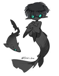 1girl animal black_hair black_skin blue_eyes blue_sclera colored_sclera colored_skin fins fish_tail full_body highres hugging_own_legs knees_up looking_at_viewer monster_girl original pointy_ears shark shark_girl shark_tail short_hair simple_background solo tail torori_toro_(oimo_kenpi) white_background
