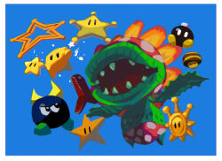 bee_mushroom blue_background bob-omb bomb border bully_(mario) commentary_request explosive highres launch_star_(mario) luma_(mario) mario_(series) maw-ray nintendo no_humans petey_piranha polka_dot sharp_teeth shine_sprite simple_background star_(symbol) super_mario_galaxy super_mario_sunshine super_star_(mario) suyasuyabi teeth white_border